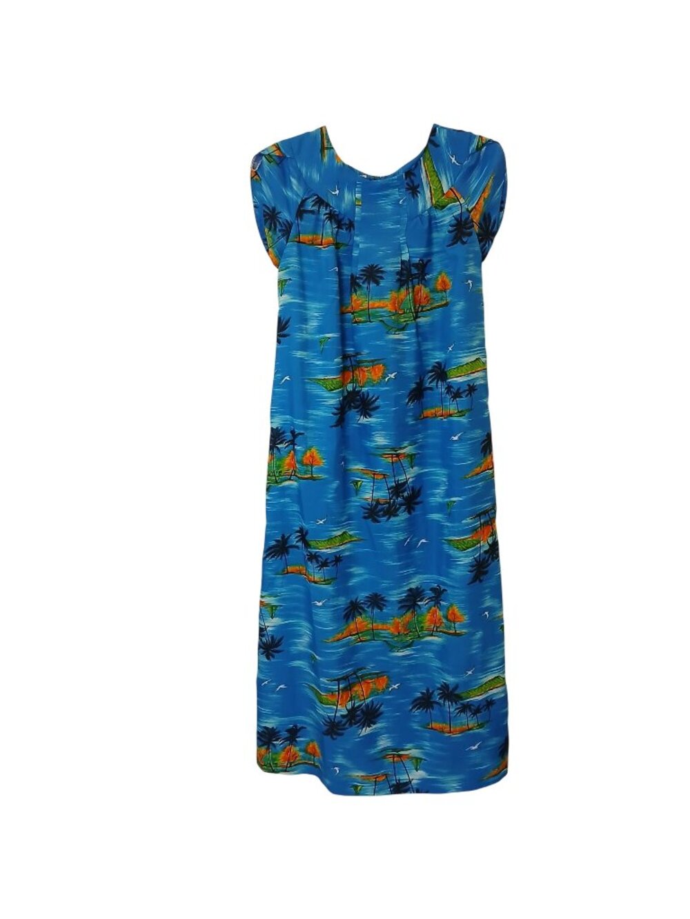VTG Pacific Isle Creations Hawaiian Sz 8 Maxi Dress Blue W/ Tropical Island #C-4